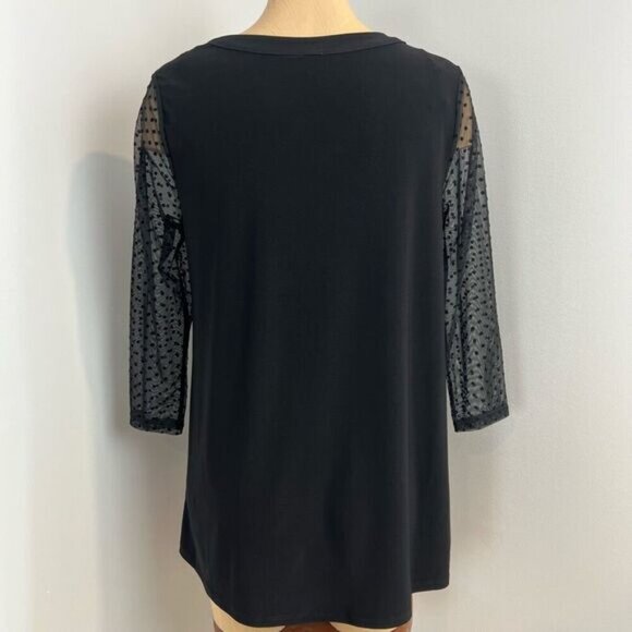 Vintage Anne Klein Women’s Medium Black Sheer Sleeves Blouse Top Shirt Polka - Picture 7 of 13